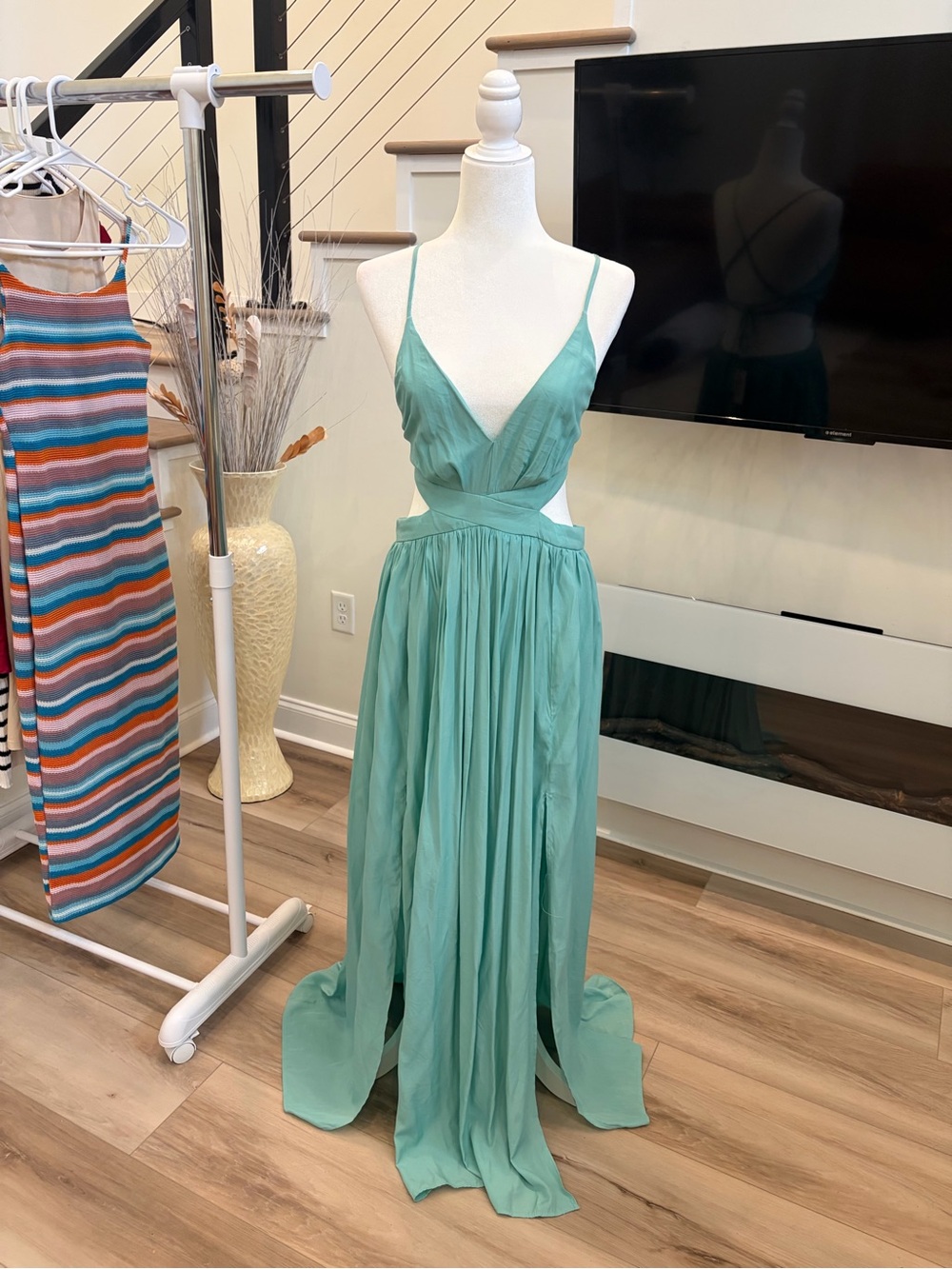 Mustard Seed Teal Green Cutout Spaghetti Strap Maxi Dress